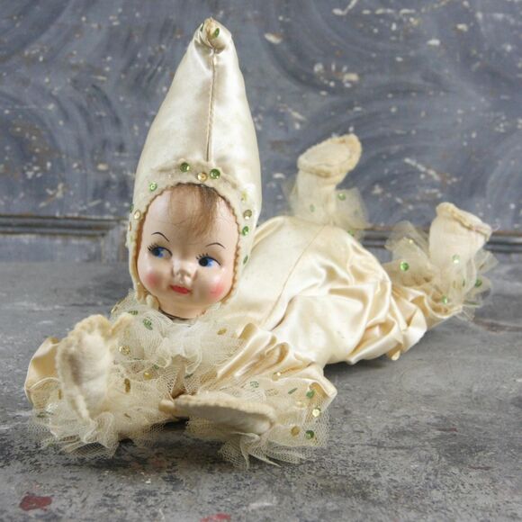 Harlequin Clown Jester Doll satin and lace outfit vintage